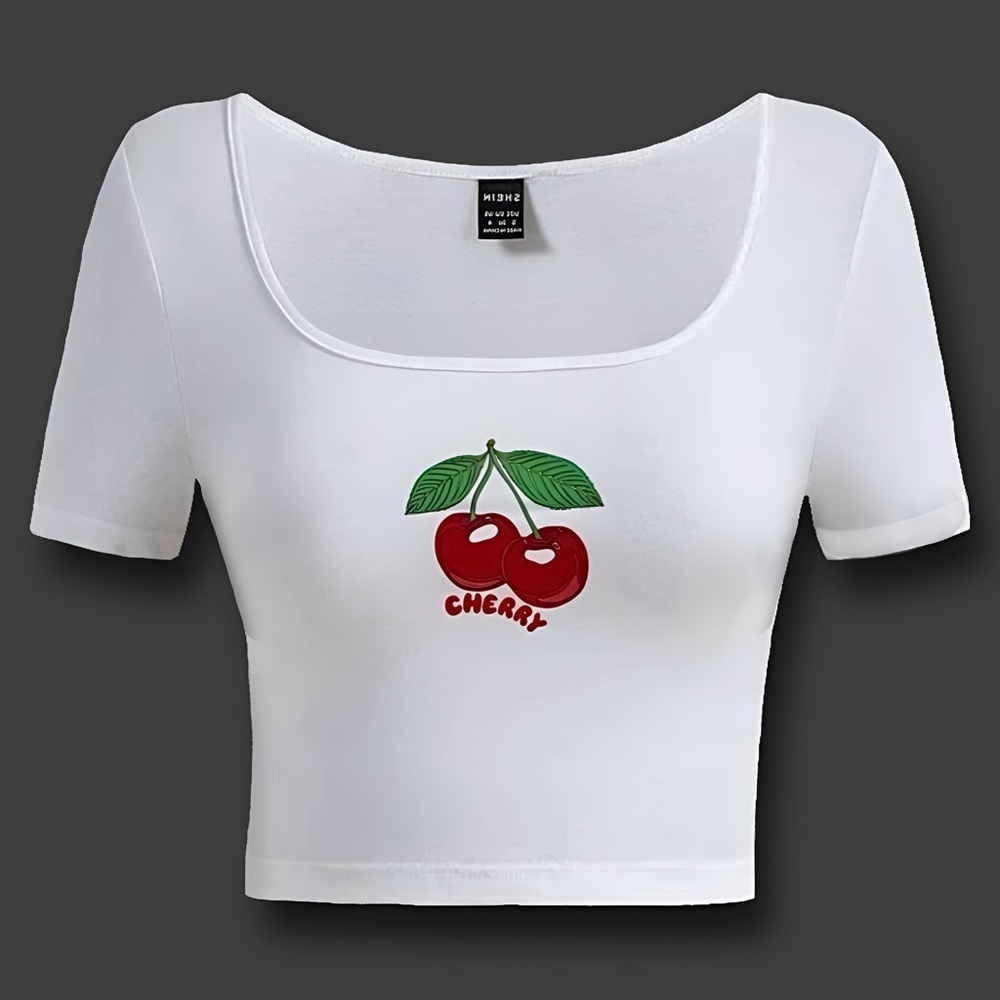 Cherry Graphic Print Short Sleeve Square-Neck Crop Top